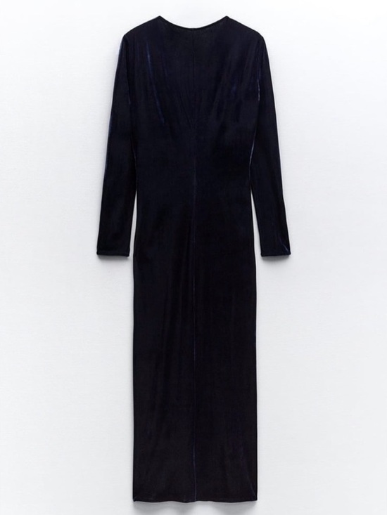 Zara Navy Velvet Wrap Midi Dress Ruched Slit Elegant Evening Size S - Picture 14 of 16